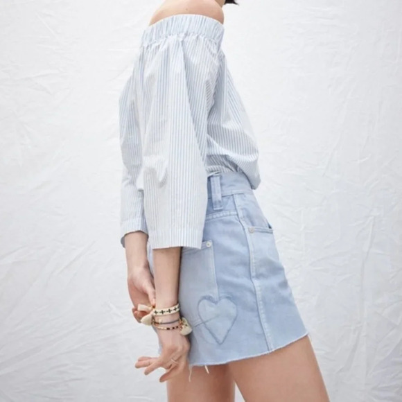 Madewell White & Blue Striped Clean 3/4 Sleeves Off The Shoulder Top Size Medium - Picture 5 of 8